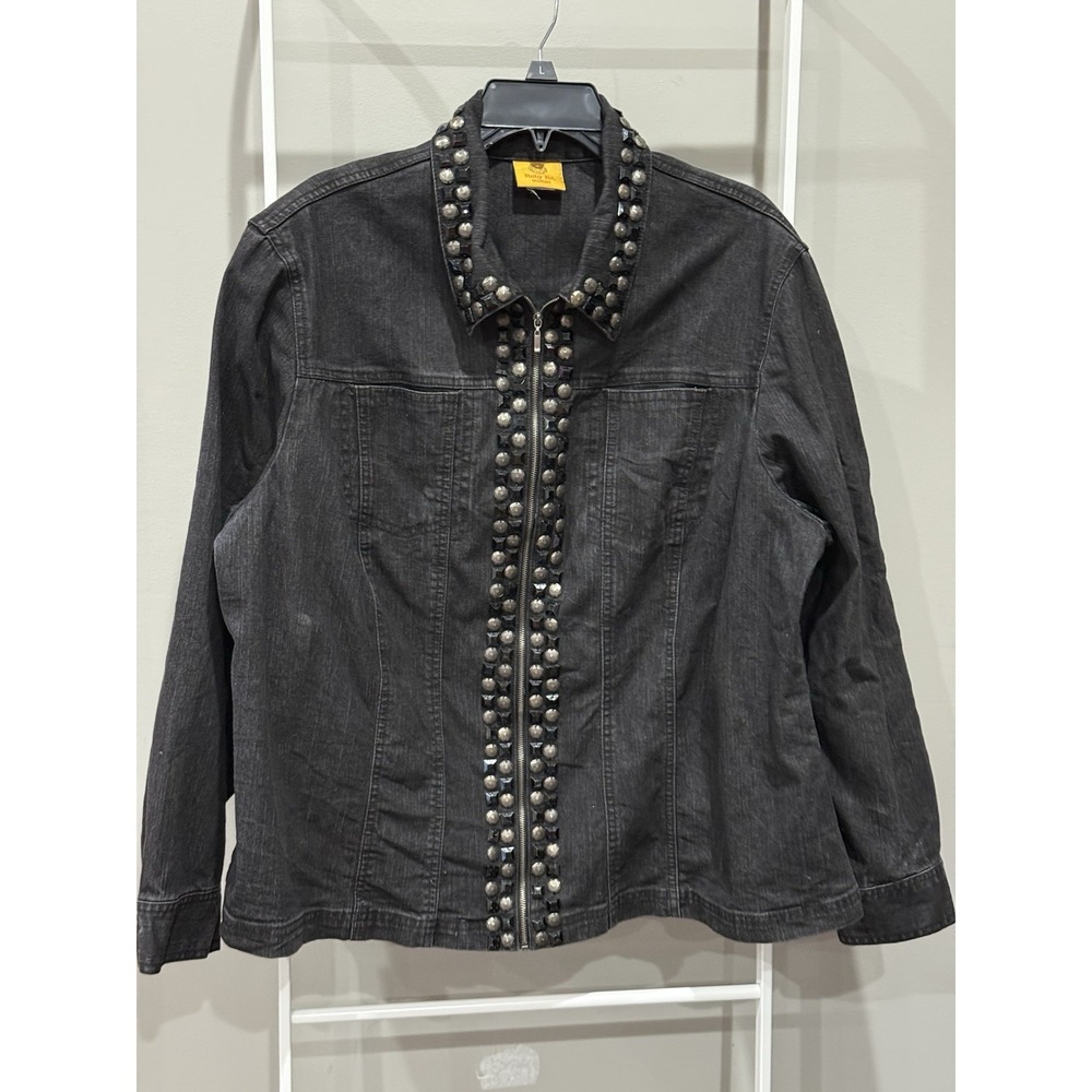 Ruby Rd. Woman's Black Denim Studded Jacket Sz 20/22 Edgy Rocker Grunge